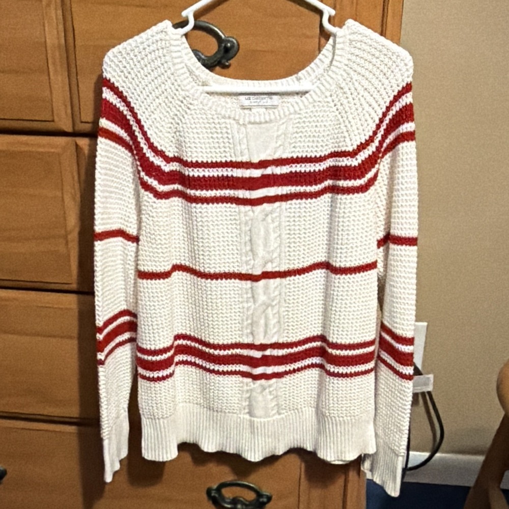 Liz Claiborne Women's Sweater Size M, White Red Striped Cable Knit Pullover